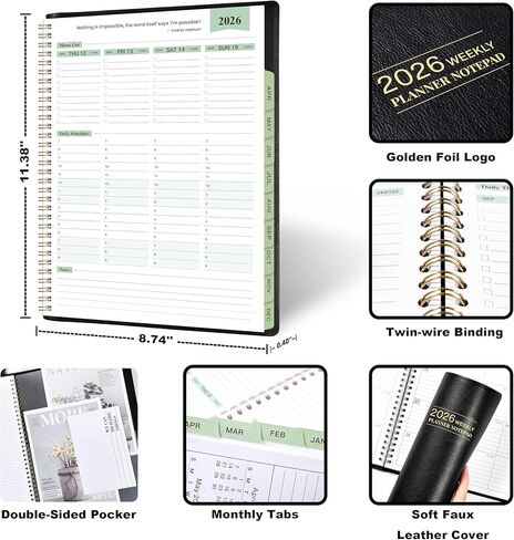 2025-2026 Planner - 11.38'' x 8.74'', Weekly & Monthly Planner Notepad,JUL 2025 - JUN 2026, Appointment Book, 60 Minutes Intervals, Monthly Tabs, Faux Soft Leather, Spiral Bound, Back Pockets - Green in Kuwait