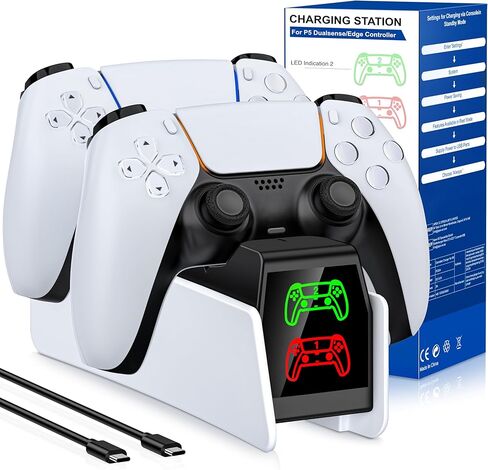 PS5 Charger Station w Fast Charging AC Adapter 【Extended Charging Cable】 Charging Dock Stand Compatible with PlayStation 5 Dualsense/Edge, Dual Charger PS5 Accessories with LED Indicator in Saudi Arabia