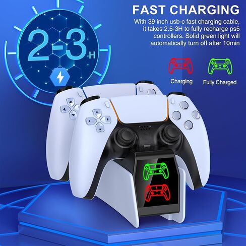 PS5 Charger Station w Fast Charging AC Adapter 【Extended Charging Cable】 Charging Dock Stand Compatible with PlayStation 5 Dualsense/Edge, Dual Charger PS5 Accessories with LED Indicator in Saudi Arabia