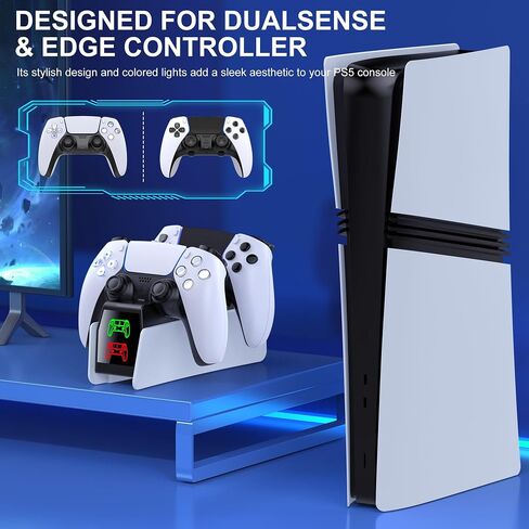 PS5 Charger Station w Fast Charging AC Adapter 【Extended Charging Cable】 Charging Dock Stand Compatible with PlayStation 5 Dualsense/Edge, Dual Charger PS5 Accessories with LED Indicator in Saudi Arabia