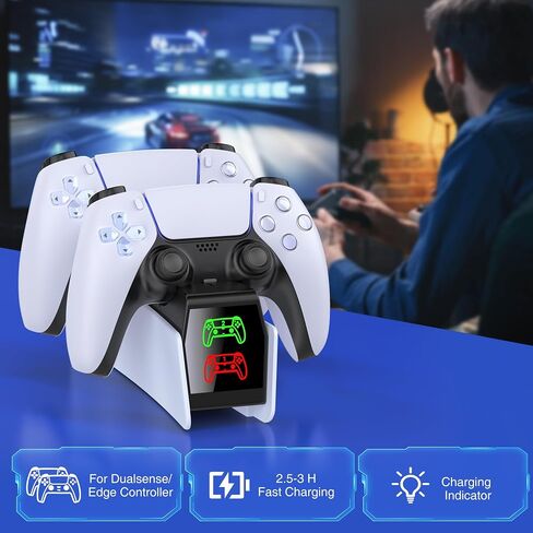 PS5 Charger Station w Fast Charging AC Adapter 【Extended Charging Cable】 Charging Dock Stand Compatible with PlayStation 5 Dualsense/Edge, Dual Charger PS5 Accessories with LED Indicator in Saudi Arabia