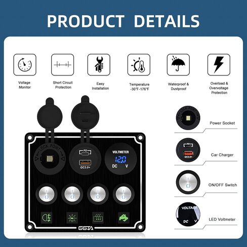 8 Gang Marine Switch Panel Waterproof, Boat Rocker Switch Panel, with Charger (PD,QC3.0) & Voltage Meter, 12V/24V Toggle Switch Panel for Automotive Modification, Trucks, Boats, car in Kuwait