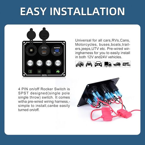 8 Gang Marine Switch Panel Waterproof, Boat Rocker Switch Panel, with Charger (PD,QC3.0) & Voltage Meter, 12V/24V Toggle Switch Panel for Automotive Modification, Trucks, Boats, car in Kuwait