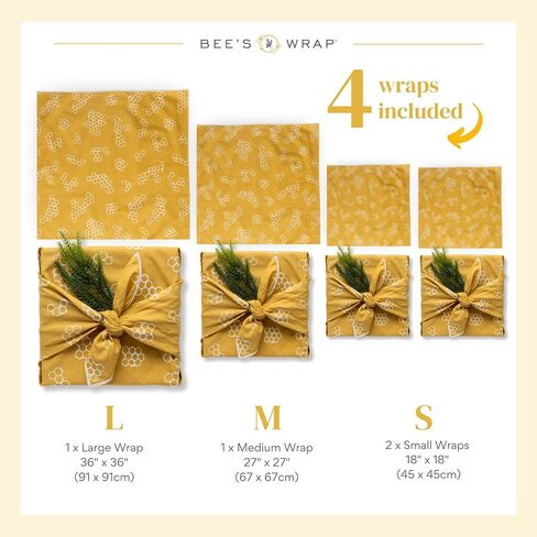 ورق تغليف من نسيج القطن العضوي القابل لإعادة الاستخدام من Bee's Wrap، مصنوع في الولايات المتحدة الأمريكية، غلاف هدايا Furoshiki صديق للبيئة، مجموعة من 4 أغلفة من القماش، Winter Wonderland in Saudi Arabia