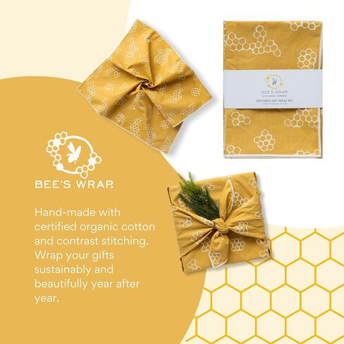 ورق تغليف من نسيج القطن العضوي القابل لإعادة الاستخدام من Bee's Wrap، مصنوع في الولايات المتحدة الأمريكية، غلاف هدايا Furoshiki صديق للبيئة، مجموعة من 4 أغلفة من القماش، Winter Wonderland in Saudi Arabia