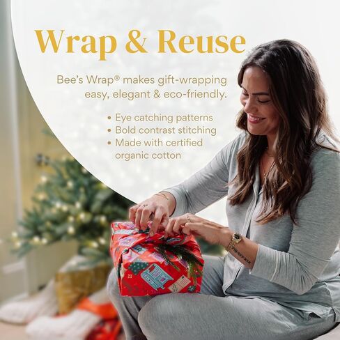 ورق تغليف من نسيج القطن العضوي القابل لإعادة الاستخدام من Bee's Wrap، مصنوع في الولايات المتحدة الأمريكية، غلاف هدايا Furoshiki صديق للبيئة، مجموعة من 4 أغلفة من القماش، Winter Wonderland in Saudi Arabia