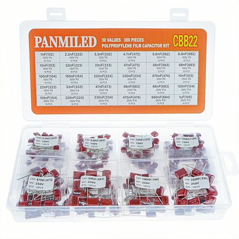 Panmiled 25 Value 250 قطعة مُنص على مكثف فيلم Polypropylene Film Kit 400V (0.01uf ~ 0.68uc) و 630 فولت (0.001uf ~ 0.33uf) CBB22 Polyester Capacitort. in Kuwait