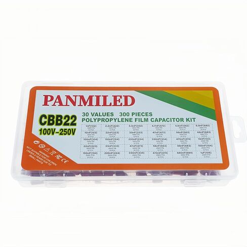 Panmiled 25 Value 250 قطعة مُنص على مكثف فيلم Polypropylene Film Kit 400V (0.01uf ~ 0.68uc) و 630 فولت (0.001uf ~ 0.33uf) CBB22 Polyester Capacitort. in Kuwait