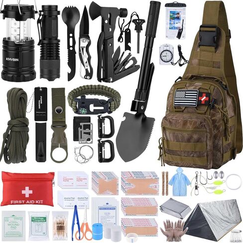 طقم الإسعافات الأولية للبقاء مع حقيبة Molle Crossbody وخيمة الطوارئ ، وأدوات البقاء على قيد الحياة 250pcs العتاد التكتيكي وحقيبة الصدمات ، للزلزال ، والخطأ ، والمغامرة في الهواء الطلق ، وهدايا للرجال الأب الأب. in Kuwait