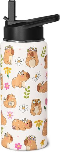 Capybara Water Bottle 18oz لطيف Kawaii Thermoses كأس الرياضة المعزولة مع مقبض وقلب القش Capybara هدايا للأطفال in Kuwait
