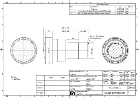 25mm IR Corrected M12 S-Mount Camera Lens F2.0 30mm TTL for 8MP 1/1.7 inch Sensors Commonlands CIL250-F2.0-M12A650 in Saudi Arabia