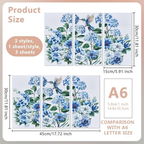 OLYCRAFT 3pcs/Set Blue Flowers Rub on Transfers for Furniture and Crafts 6x12 inch Hydrangea Hummingbird Furniture Decals Chrysanthemums Transfer Stickers Rub on Decals for Wood Furniture Home Decor in Saudi Arabia