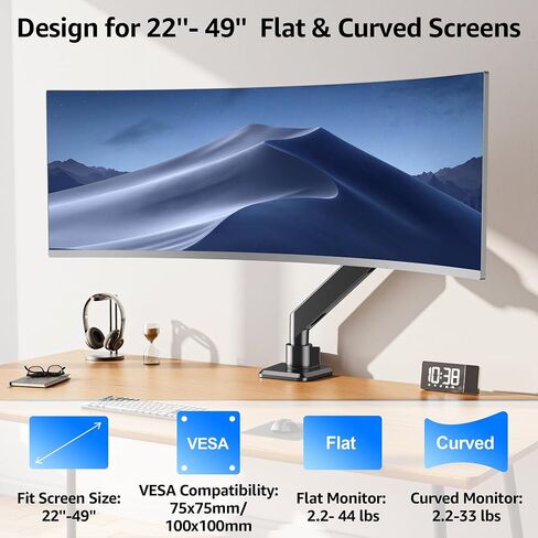 MOUNTUP Heavy Duty Monitor Arm for 49 inches, 44 lbs Curved Screens, Ultrawide Single Monitor Desk Mount, Monitors Stand for Samsung Odyssey G9 and More, VESA Mount with Clamp & Grommet Base in Saudi Arabia