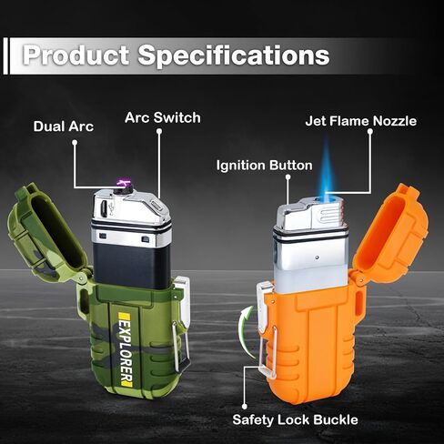 2 Pack Waterproof Lighter Outdoor Windproof Torch Lighters Dual Arc Butane Electric Lighters USB Rechargeable Lighters Flameless Plasma Lighter Camping Hiking Adventure Survival Tactical Gear in Kuwait