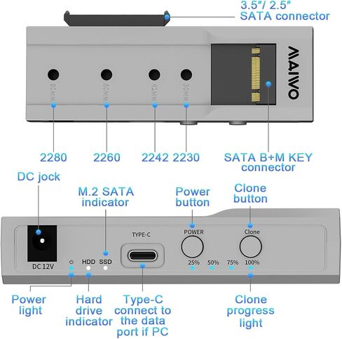 MAIWO M.2 NVMe to 2.5'' 3.5'' Offline Clone Enclosure,M.2 to SATA SSD HDD Cloner, USB-C Type-C Max 10Gbps Standalone Clone Duplicator in Saudi Arabia