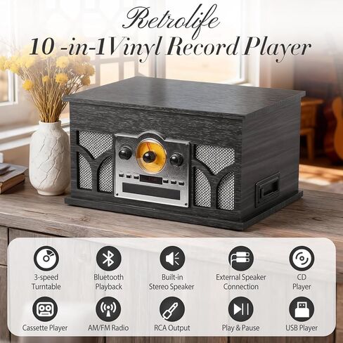 مشغل سجل 10 في 1 مع مكبرات صوت مدمجة التشغيل اللاسلكي ، مشغل CD & Cassette ، مشغل USB ، راديو AM/FM ، 3 سرعات القرص الدوار لاعب السجل Mahogany in Kuwait