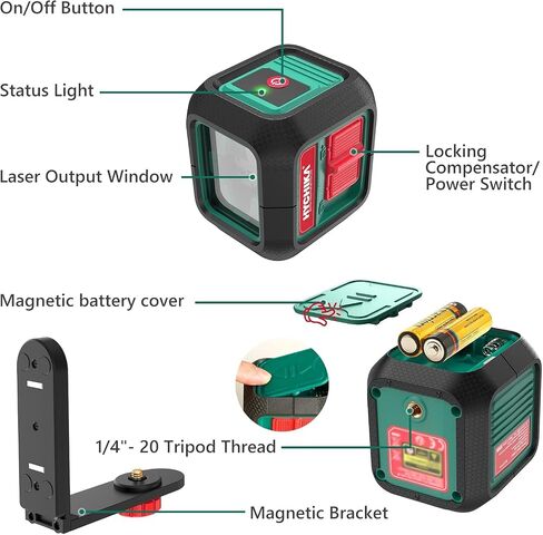 Hychika Laser Level 360 تسوية ذاتية ، أداة Lazer Leveler 50 قدمًا ، مستوى Lazer Green Cross للتعليق على الصور ، البلاط ، الديكور والبناء الداخلي/الخارجي ، البطارية والطابع L L-BRACKET in Kuwait