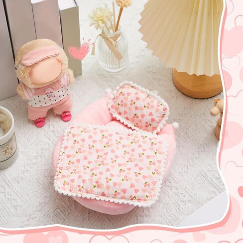 Skylety 4pcs Pink Bedding Set for 17cm Doll Include Mattress Pillow Blanket and Slippers Accessories Bed House Furniture Heart Cherry Crown Capybara Designs (No Doll, Cherry Pattern) in Saudi Arabia