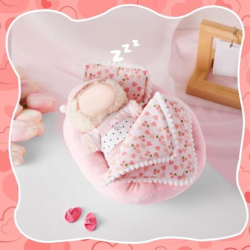 Skylety 4pcs Pink Bedding Set for 17cm Doll Include Mattress Pillow Blanket and Slippers Accessories Bed House Furniture Heart Cherry Crown Capybara Designs (No Doll, Cherry Pattern) in Saudi Arabia