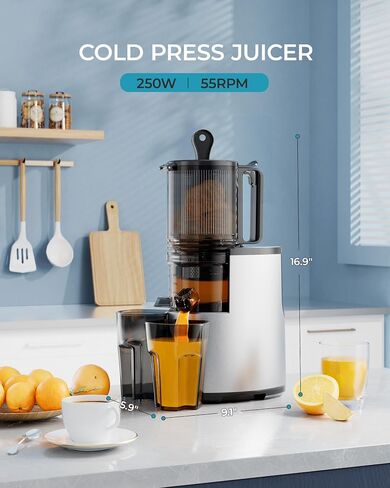 Cold Press Juicer, EUHOMY 5.6" Extra Large Feed Chute Slow Masticating Juicer, 250W Juicer Machines, 99.6% High Juice Yield,for Whole Vegetables & Fruits, Reverse Function, Easy to clean.Black in Kuwait