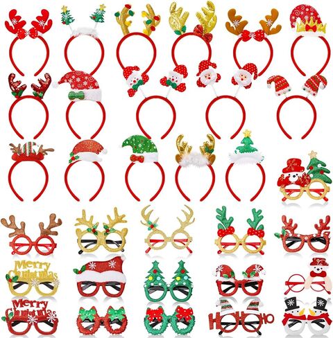 32 Pcs Christmas Headbands and Glasses Frames, Christmas Party Glittered Glasses Frame Funny Eyewear Cute Hair Hoop Christmas Head Boppers Decoration Accessories for Xmas Party Supplies Holiday Favors in Saudi Arabia