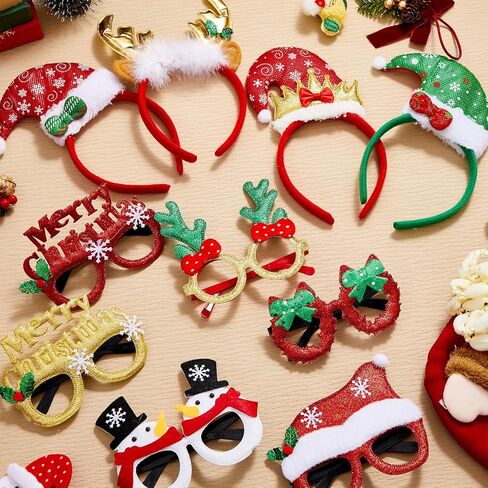 32 Pcs Christmas Headbands and Glasses Frames, Christmas Party Glittered Glasses Frame Funny Eyewear Cute Hair Hoop Christmas Head Boppers Decoration Accessories for Xmas Party Supplies Holiday Favors in Saudi Arabia