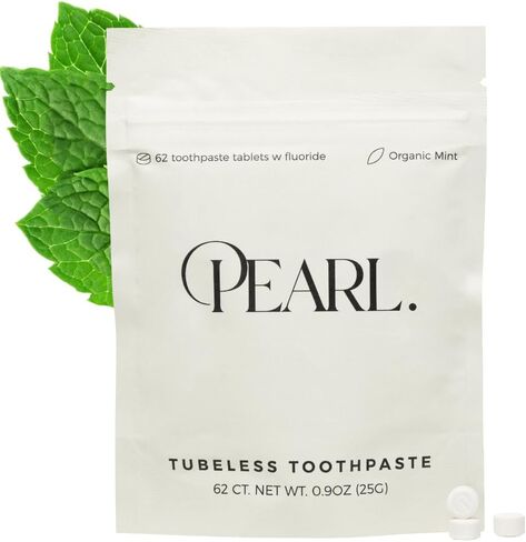 Pearl Starter Kit with White Sea Glass Jar + Fluoride Mint Toothpaste Tablets | Natural Whitening | Sensitivity Relief | Dentist Developed | TSA Approved | Plastic-Free | 62 Tablets | Refill Pouch in Kuwait