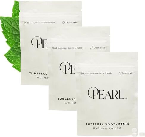 Pearl Starter Kit with White Sea Glass Jar + Fluoride Mint Toothpaste Tablets | Natural Whitening | Sensitivity Relief | Dentist Developed | TSA Approved | Plastic-Free | 62 Tablets | Refill Pouch in Kuwait