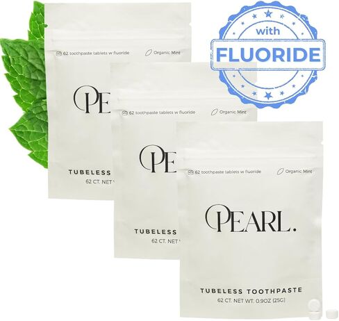 Pearl Starter Kit with White Sea Glass Jar + Fluoride Mint Toothpaste Tablets | Natural Whitening | Sensitivity Relief | Dentist Developed | TSA Approved | Plastic-Free | 62 Tablets | Refill Pouch in Kuwait