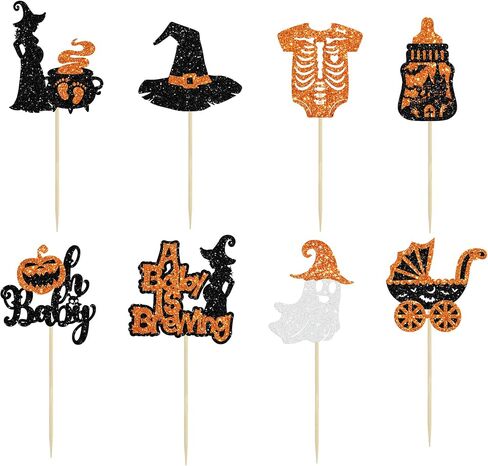 24pcs Ghost Oh Baby Cupcake Toppers Black Glitter Halloween Baby Shower Cupcake Pick Decorations Halloween Cupcake Topcake for Baby Shower Birthday Halloween Party Supplies in Saudi Arabia