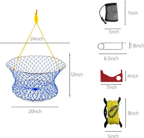 Crab Ring Trap – Collapsible Crab Net with 100ft Rope, Bait Bag, Clip & Ruler – 6 Pieces Portable Crab Trap for Easy Storage – Durable Grid Design for Dock & Pier Crabbing in Saudi Arabia