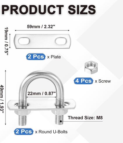 Batikil Round U-bolts ، 2 pcs 1.06 "(27 مم) العرض الداخلي 58 ملم طول m10 مع غسالة صامدة 304 من الفولاذ المقاوم للصدأ مستديرة u-bolts لمحور القوارب المحور الشراعي in Saudi Arabia