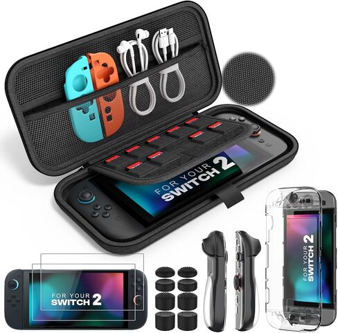 MoKo Switch 2 Accessories Bundle Kit for Nintendo Switch 2 (2025), 14 in 1 Gift Kit with Carrying Case, Protective Cover, Clear TPU Joycon Case, 2x Screen Protectors and 8x Thumb Grip Caps, Black in Saudi Arabia