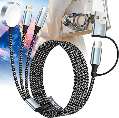 السفر 3 في 2 كبل شحن لشاحن Apple Iwatch ، أساسيات السفر USB-A/USB-C كابل/سلك متعدد الشحن لجميع الأجهزة المتوافقة مع IWatch Ultra/SE/10-1 ، iPhone16 15 14 ، Android-5ft in Kuwait