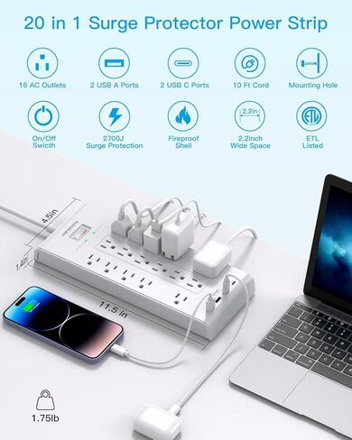 قطاع الطاقة 10 أقدام ، حامي Hanycony Surge مع 16 منفذًا 4 منافذ USB (2 USB C) ، سلك التمديد الثقيل المسطح ، 2700 جول ، جدار الجدار للمكتب المنزلي ، مدرج ETL ، الأسود in Kuwait