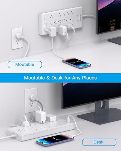 قطاع الطاقة 10 أقدام ، حامي Hanycony Surge مع 16 منفذًا 4 منافذ USB (2 USB C) ، سلك التمديد الثقيل المسطح ، 2700 جول ، جدار الجدار للمكتب المنزلي ، مدرج ETL ، الأسود in Kuwait