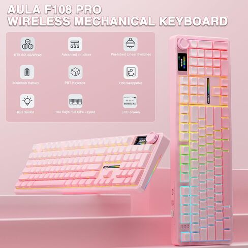 Aula F108 Pro - لوحة مفاتيح ميكانيكية لاسلكية مع شاشة ومقبض ، لوحة مفاتيح بالحجم الكامل مع بطارية 8000 مللي أمبير في الساعة ، مفاتيح محفوظة مسبقًا ، مفاتيح مفاتيح PBT المطبوعة الجانبية ، لوحات مفاتيح ألعاب مخصصة RGB ذات الإضاءة الخلفية RGB in Saudi Arabia