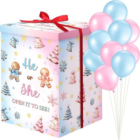 Hungdao Gender Reveal Balloon Box with Ribbon and 10 Pink and Blue Balloons Gender Reveal Games He or She Open to See for Party Decoration 12"x12"x16"(Boho Bear) in Saudi Arabia