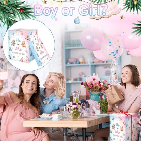 Hungdao Gender Reveal Balloon Box with Ribbon and 10 Pink and Blue Balloons Gender Reveal Games He or She Open to See for Party Decoration 12"x12"x16"(Boho Bear) in Saudi Arabia