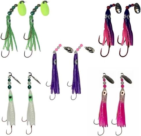 Squid Fishing Hoochies 10 Pack -Glow Fresh Water Kokanee Salmon Trolling Lures with Pre-Rigged Octopus Hooks - Spinner Blades, Synthetic Skirts Kokanee Hoochies for Salmon Fishing in Saudi Arabia