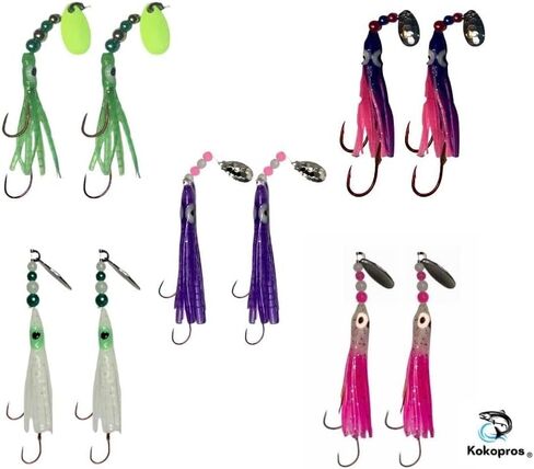 Squid Fishing Hoochies 10 Pack -Glow Fresh Water Kokanee Salmon Trolling Lures with Pre-Rigged Octopus Hooks - Spinner Blades, Synthetic Skirts Kokanee Hoochies for Salmon Fishing in Saudi Arabia