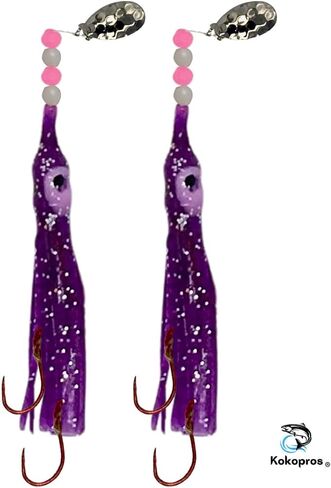 Squid Fishing Hoochies 10 Pack -Glow Fresh Water Kokanee Salmon Trolling Lures with Pre-Rigged Octopus Hooks - Spinner Blades, Synthetic Skirts Kokanee Hoochies for Salmon Fishing in Saudi Arabia
