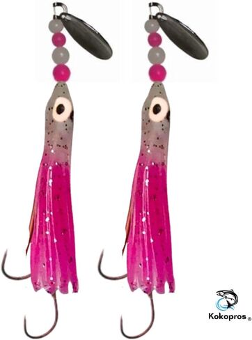 Squid Fishing Hoochies 10 Pack -Glow Fresh Water Kokanee Salmon Trolling Lures with Pre-Rigged Octopus Hooks - Spinner Blades, Synthetic Skirts Kokanee Hoochies for Salmon Fishing in Saudi Arabia