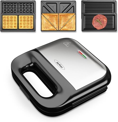 3 in 1 Electric Sandwich Maker, Panini Press Grill and Waffle Iron Set, Grill and Sandwich Press with Removable Non-Stick Plates, Indicator Lights & Cool Touch Handle, 750W, Black in Saudi Arabia