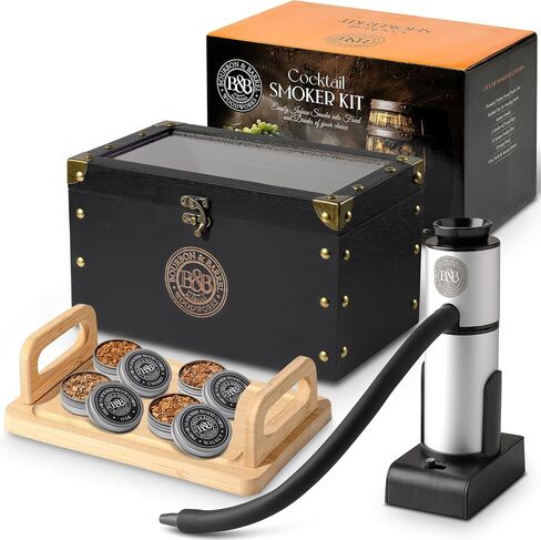 Bourbon & Barrel Cocktail Smoker Kit | مصنوع من Walnut Wood | طقم مدخن ويسكي مع المدخن الفوري ، صندوق التدخين ، علبة الطعام و 4 أنواع من رقائق الخشب | مدخن مشروب قديم الطراز [الجوز] in Saudi Arabia
