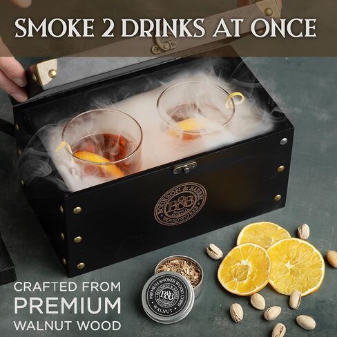 Bourbon & Barrel Cocktail Smoker Kit | مصنوع من Walnut Wood | طقم مدخن ويسكي مع المدخن الفوري ، صندوق التدخين ، علبة الطعام و 4 أنواع من رقائق الخشب | مدخن مشروب قديم الطراز [الجوز] in Saudi Arabia