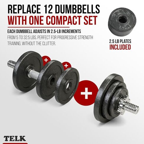 TELK – Adjustable Dumbbell Set – Home Gym Weight Set with Baked Enamel Cast Iron Plates – Space-Saving Free Weights for Strength Training in Saudi Arabia