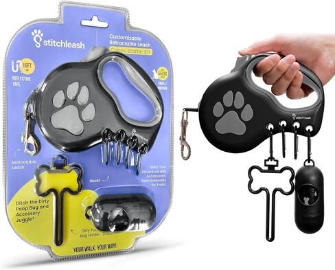 Retractable Dog Leash for Large & Extra Large Dogs (Up to 110lbs) - Customizable, Patented, Reflective Design, Ergonomic Handle, Includes Hooks & Poop Bag Holder & Dispenser - Black in Saudi Arabia