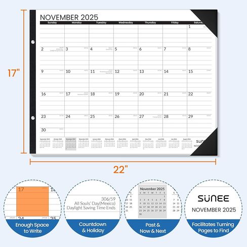 SUNEE 2025 Desk Calendar Large 22x17 from Now to March 2026, Extra Large Desktop Monthly Calendar Pad 18 Months For Teacher or Family, Desk Top Calendar, Black in Kuwait
