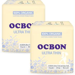 OCBON Ultra Thin Sanitary Pads Regular - 100% Organic Texan Cotton Cover with Wings (25cm, 64 Counts)